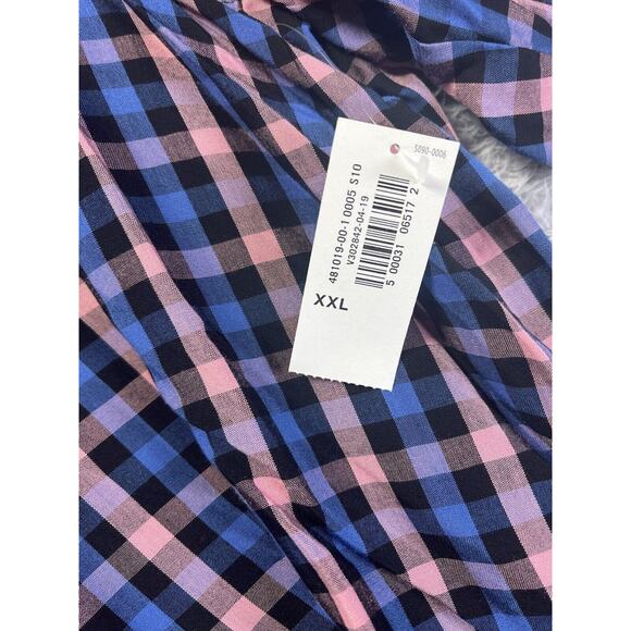 Old Navy Blouse Women XXL 2XL Blue Pink Plaid Long Sleeve Tunic V Neck Peasant - Picture 5 of 10